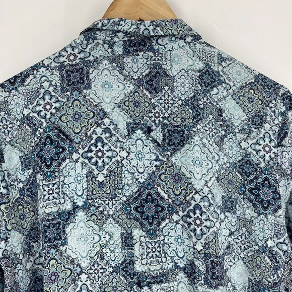 J Jill Top Size Medium Womens Blue Batik Print Blouse Popover Border Trim Rayon - Picture 5 of 7